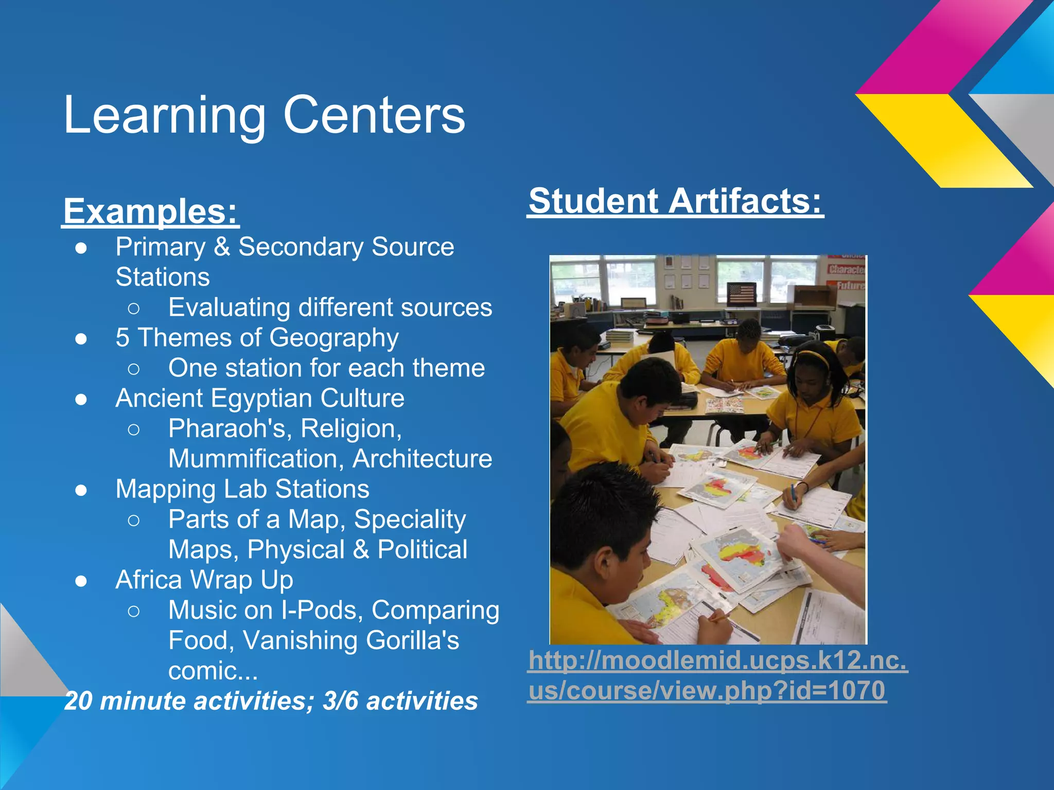 Learning Centers
Examples:                              Student Artifacts:
●   Primary & Secondary Source
    Stations
     ○ Evaluating different sources
 ● 5 Themes of Geography
     ○ One station for each theme
 ● Ancient Egyptian Culture
     ○ Pharaoh's, Religion,
         Mummification, Architecture
 ● Mapping Lab Stations
     ○ Parts of a Map, Speciality
         Maps, Physical & Political
 ● Africa Wrap Up
     ○ Music on I-Pods, Comparing
         Food, Vanishing Gorilla's
         comic...                      http://moodlemid.ucps.k12.nc.
20 minute activities; 3/6 activities   us/course/view.php?id=1070
 