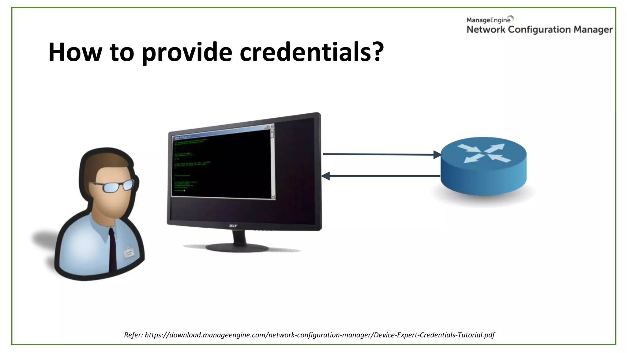 How to provide credentials?
Refer: https://download.manageengine.com/network-configuration-manager/Device-Expert-Credentials-Tutorial.pdf
 