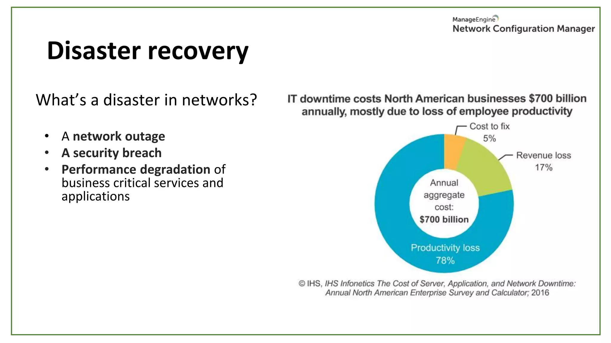 Disaster recovery
What’s a disaster in networks?
• A network outage
• A security breach
• Performance degradation of
business critical services and
applications
 