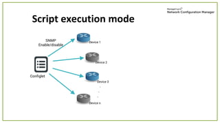 Script execution mode
Configlet
Device 1
Device 2
Device 3
Device n
SNMP
Enable/disable
 