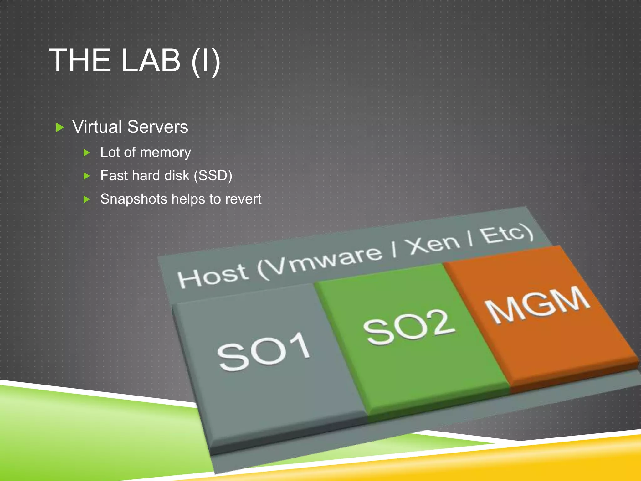 THE lab (I)Virtual ServersLot of memoryFasthard disk (SSD)Snapshotshelpstorevert