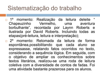 Sistematização do trabalho
 1º momento: Realização da leitura deleite “
Chapeuzinho Vermelho, uma aventura
borbulhante”, recontada por Laynn Roberts e
ilustrada por David Roberts. Incluindo todas as
etapas(pré-leitura, leitura e interpretação);
 2º momento: Retomada da leitura de forma
espontânea,possibilitando que cada aluno se
expressasse, relatando fatos ocorridos no texto,
considerando a sequência lógica. Em seguida, com
o objetivo de ampliar os conhecimentos sobre
textos literários, realizou-se uma roda de leitura
coletiva com a diversidade de contos de fadas. Foi
uma atividade bastante prazerosa para os alunos.
 
