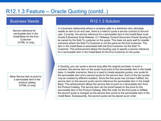 R12.1.3 Feature – Oracle Quoting (contd..)
Business Needs
Service reference for
serviceable item in the
Install Base for the End
Customer
(HTML UI only)

Allow Service item to point to
a serviceable item in the
product catalog
(HTML UI only)

R12.1.3 Solution
In a business relationship where a company sells to a distributor who ultimately
resells an item to an end user, there is a need to quote a service contract to the end
user. Currently, the service reference for a serviceable item in the Install Base must
Oracle E-Business Suite Release 12.1 Release Content Document Oracle Quoting 23
be owned by the Sold To customer on the quote. This does not work well for reseller
scenarios where the Sold To Customer is not the same as the End Customer. The
item in the Install Base is associated with the End Customer not the Sold To
Customer. This enhancement allows the Quoting user to specify a service reference
for a serviceable item in the Install Base for the End Customer on the quote.

In Quoting, you can quote a service long after the original purchase. In such a
scenario, the service item on the quote must point to the serviceable item in the Install
base. In reseller scenarios, there is a need to create separate quotes, one quote for
the serviceable item and a second quote for the service item. Each of the two quotes
may be created by different resellers. Since the first quote has not been fulfilled, the
service item on the second quote cannot reference the serviceable item in the Install
Base. This enhancement allows the service item to point to a serviceable item from
the Product Catalog. The service item can be priced based on the price for the
serviceable item in the Product Catalog. After the order for the first quote is fulfilled,
the second quote is changed so the service item points to the serviceable item in the
Install Base. Subsequently, the second quote can be placed as an order.

 