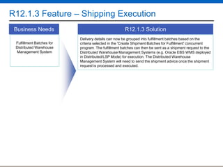 R12.1.3 Feature – Shipping Execution
Business Needs
Fulfillment Batches for
Distributed Warehouse
Management System

R12.1.3 Solution
Delivery details can now be grouped into fulfillment batches based on the
criteria selected in the 'Create Shipment Batches for Fulfillment' concurrent
program. The fulfillment batches can then be sent as a shipment request to the
Distributed Warehouse Management Systems (e.g. Oracle EBS WMS deployed
in Distributed/LSP Mode) for execution. The Distributed Warehouse
Management System will need to send the shipment advice once the shipment
request is processed and executed.

 