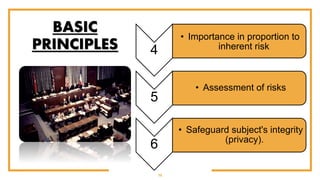 19
4
• Importance in proportion to
inherent risk
5
• Assessment of risks
6
• Safeguard subject's integrity
(privacy).
BASIC
PRINCIPLES
 