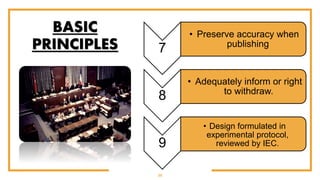 20
7
• Preserve accuracy when
publishing
8
• Adequately inform or right
to withdraw.
9
• Design formulated in
experimental protocol,
reviewed by IEC.
BASIC
PRINCIPLES
 