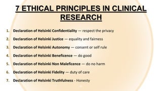 22
7 ETHICAL PRINCIPLES IN CLINICAL
RESEARCH
1. Declaration of Helsinki Confidentiality — respect the privacy
2. Declaration of Helsinki Justice — equality and fairness
3. Declaration of Helsinki Autonomy — consent or self rule
4. Declaration of Helsinki Beneficence — do good
5. Declaration of Helsinki Non Maleficence — do no harm
6. Declaration of Helsinki Fidelity — duty of care
7. Declaration of Helsinki Truthfulness - Honesty
 