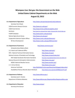 NCompass Live: Dot gov: the Government on the Web
                    United States Cabinet Departments on the Web
                                           August 22, 2012

U.S. Department of Agriculture                 http://www.usda.gov/wps/portal/usda/usdahome
       Secretary Tom Vilsack
   USDA Economic Research Service              http://www.ers.usda.gov/
   USDA Forest Service                         http://www.fs.fed.us/fallcolors/gallery.shtml
   Ask Karen                                   http://www.fsis.usda.gov/Food_Safety_Education/Ask_Karen/index.asp

   PLANTS Database                             http://www.plants.usda.gov/java/
   National Agricultural Library               http://www.nal.usda.gov/
   Cooperative Extension System Offices        http://www.csrees.usda.gov/Extension/
       NE Rural Development                    http://www.rurdev.usda.gov/NEHome.html


U.S. Department of Commerce                               http://www.commerce.gov/
       Acting Secretary Rebecca Blank
   U.S. Patent and Trademark Office                              http://www.uspto.gov/
   NTIS - National Technical Information Service                 http://www.ntis.gov/
   National Institute of Standards and Technology                http://www.nist.gov/index.html
       NIST Global Standards Information Standards               http://gsi.nist.gov/global/index.cfm/L1-5/L2-44/A-171

   National Oceanic & Atmospheric Administration                 http://www.noaa.gov/
       NOAA's National Weather Service                           http://www.weather.gov/
   U. S. Census Bureau                                           http://www.census.gov/
       American FactFinder                     http://factfinder2.census.gov/faces/nav/jsf/pages/index.xhtml
       Availability of Census Records about Individuals          http://www.census.gov/prod/2000pubs/cff-2.pdf


U.S. Department of Defense                     http://www.defense.gov./
       Secretary Leon E. Panetta
   Department of Defense Websites              http://www.defense.gov./RegisteredSites/RegisteredSites.aspx


U.S. Department of Education                   http://www.ed.gov/
       Secretary Arne Duncan


                                                          1
 