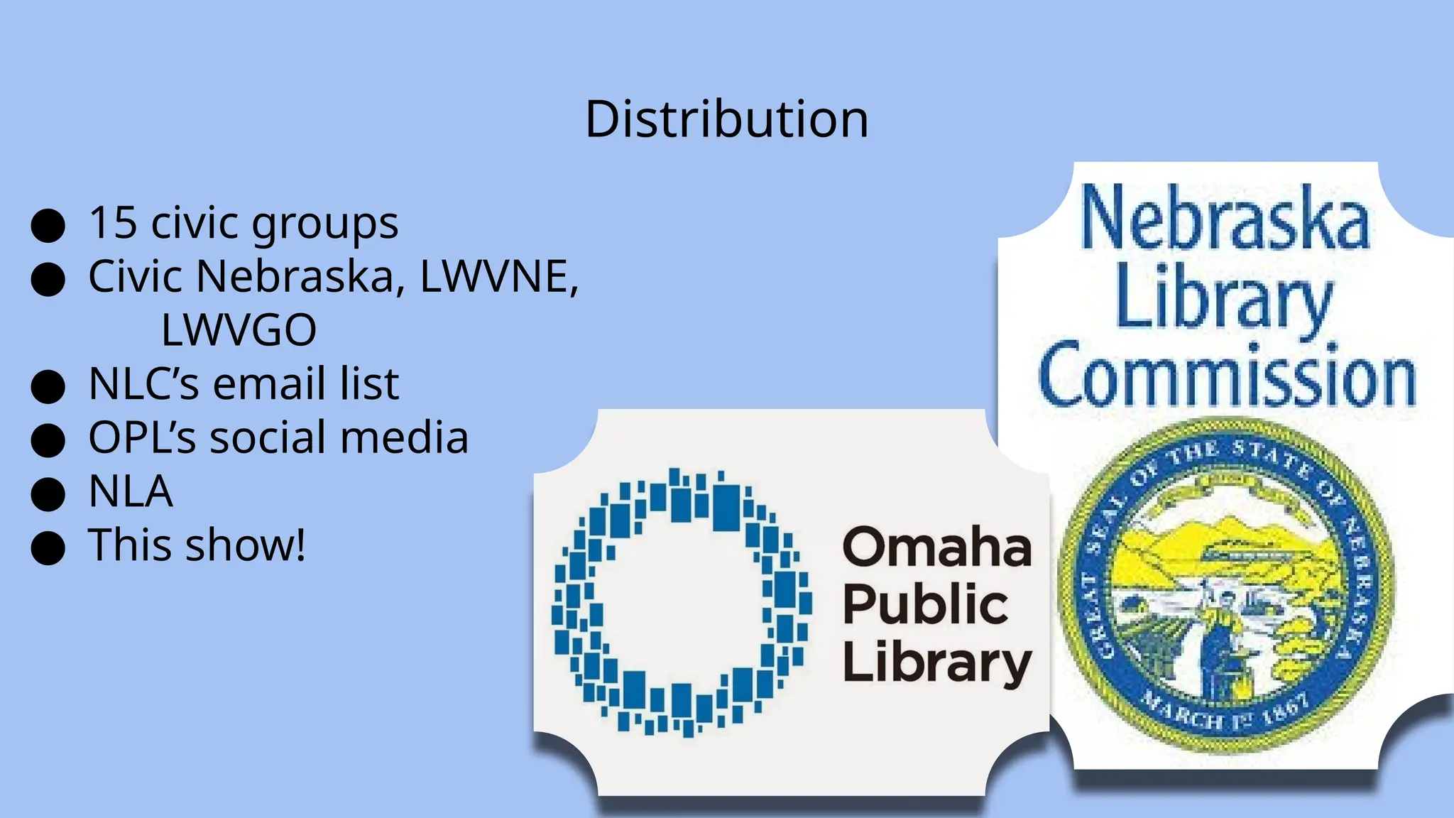 Distribution
● 15 civic groups
● Civic Nebraska, LWVNE,
LWVGO
● NLC’s email list
● OPL’s social media
● NLA
● This show!