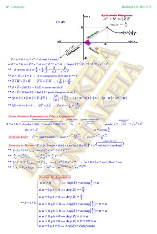 Z = a + bi = ra = e
ia
= r cosa + i.sena^ h
si Z = a + bi , Z = a - bi ,- Z =- a - bi , luego Z = Z = -Z = a
2
+ b
2
** el inverso de Z es
Z
1
=
Z
1
Z
Z
=
Z.Z
Z
=
a
2
+ b
2
Z
** Z d R , Z = Z , Z es imaginario puro Ssi Z =- Z
** Z + W = Z + W , Z.W = Z .W , W
Z
` j =
W
Z
** Z + Z = 2.R Z^ h A R Z^ h = parte real de Z
** Z - Z = 2i.Im Z^ h A Im Z^ h = parte Imaginaria de Z
** Z.W = Z . W = Z . W ,
W
Z
=
W
Z
, Z + W # Z + W , Z - W $ Z - W
** Z = 0 , Z = 0 , Z
2
= Z.Z , Z ! 0 (
Z
1
=
Z
2
Z
Forma Binómica Trigonometrica Polar y Exponencial
Z = a + bi = r cos a + 2kr^ h + i.sen a + 2kr^ h^ h
Forma trigonometrica
6 7 8444444444444444444444 444444444444444444444
= ra
forma polar
?
= ei a+2kr^ h
forma exponencial
6 7 8444 444
, siendo r = Z
modulo de Z
A
= a
2
+ b
2
Ojo k d Z a = arctag
a
b
Formula Euler e
ia
= cosa + i.sena , cosa =
2
e
ia
+ e-ia
, sena =
2i
e
ia
- e-ia
Formula de Moivre Z
n
= r cos a + 2kr^ h + i.sen a + 2kr^ h^ h" ,6 @n
= r
n
cos na^ h + i.sen na^ h
n.2kr=2 lk r=0
6 7 8444444444444 444444444444c m
** ra .rb
,
= r.r,
^ ha+b AA r.eia
.r,
.eib
= r.r,
ei a+b^ h
** rb
,
ra
= r,
r_ ia-b
AA
r,
.eib
r.eia
= r,
r ei a-b^ h
** ra^ hn
= rn
^ h a+2kr^ h.n = rn
^ hn.a AA r.eia
^ hn
= rn
.eina
, a + 2kr^ h.n = na + 2knr = na
** ra
n
= rn
^ h n
a+2kr AA reian
= rei a+2kr^ hn
= rn
e n
i a+2kr^ h
Calculo del Argumento
** Z = a + bi
si a 2 0 ( Arg Z^ h = arctag a
b = a
si a = 0 y b 1 0 ( Arg Z^ h =- 2
r
si a = 0 y b 2 0 ( Arg Z^ h = 2
r
si a 1 0 y b 1 0 ( Arg Z^ h = arctag a
ba k- r = a
si a 1 0 y b 2 0 ( Arg Z^ h = arctag a
ba k+ r = a
si a 1 0 y b = 0 ( Arg Z^ h = r = a
si a 2 0 y b = 0 ( Arg Z^ h = 00
= 2r = a
si a = 0 y b = 0 ( Arg Z^ h = Indefenido
Z
[

]]]]]]]]]]]]]]]]]]]]]]]]]]
]]]]]]]]]]]]]]]]]]]]]]]]]]
Nº Complejos BANHAKEIA-TRUSPA
 
