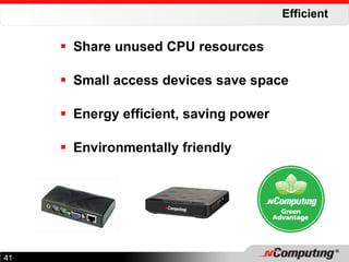Efficient Share unused CPU resources Small access devices save space Energy efficient, saving power Environmentally friendly  