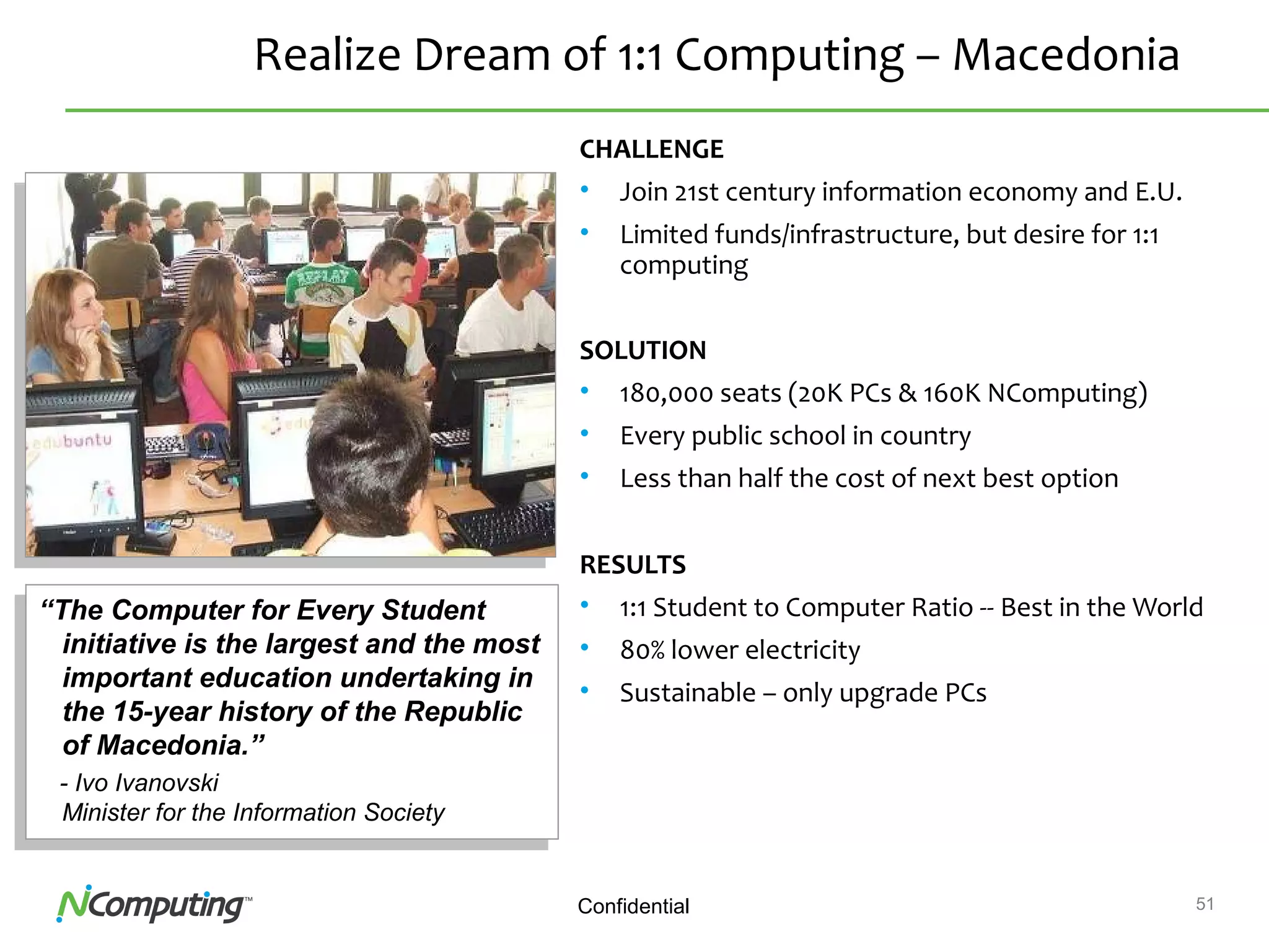 51Confidential
Realize Dream of 1:1 Computing – Macedonia
CHALLENGE
• Join 21st century information economy and E.U.
• Limited funds/infrastructure, but desire for 1:1
computing
SOLUTION
• 180,000 seats (20K PCs & 160K NComputing)
• Every public school in country
• Less than half the cost of next best option
RESULTS
• 1:1 Student to Computer Ratio -- Best in the World
• 80% lower electricity
• Sustainable – only upgrade PCs
“The Computer for Every Student
initiative is the largest and the most
important education undertaking in
the 15-year history of the Republic
of Macedonia.”
- Ivo Ivanovski
Minister for the Information Society
“The Computer for Every Student
initiative is the largest and the most
important education undertaking in
the 15-year history of the Republic
of Macedonia.”
- Ivo Ivanovski
Minister for the Information Society
 