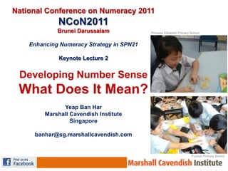 National Conference on Numeracy 2011 NCoN2011 Brunei Darussalam   Enhancing Numeracy Strategy in SPN21   Keynote Lecture 2   Developing Number Sense What Does It Mean? YeapBan Har Marshall Cavendish Institute  Singapore   banhar@sg.marshallcavendish.com   Princess Elizabeth Primary School Fuchun Primary School 