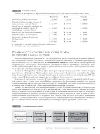Figura 1.5    Casaverde Company.
    Relatório de desempenho do departamento de montagem para o mês encerrado em 31 de março, 20X2.
                                                             Orçamento               Real                       Variação
Atividade de produção em unidades                                10 000                  9 860                       140 D
Material (detalhado por tipo: estampas de
metal, motores, e assim por diante)                          $ 68 000                $ 69 000                   $ 1 000 D
Mão-de-obra de montagem (detalhado por
classificação de trabalho, número de                         $ 43 000                $ 44 300                   $ 1 300 D
trabalhadores, e assim por diante)
Mão-de-obra diversa (gestores, inspetores)                   $ 12 000                $ 11 200                   $    800 F
Utilidades públicas, manutenção etc.                         $    7 500              $   7 400                  $    100 F
Suprimentos (pequenas ferramentas,
lubrificantes etc.)                                          $    2 500              $   2 600                  $    100 D
Total                                                        $ 133 000               $ 134 500                  $ 1 500 D
D = Desfavorável — real excede orçamento (exceto para unidades físicas).
F = Favorável — real é menor que orçamento.



PLANEJAMENTO E CONTROLE PARA CICLOS DE VIDA
DO PRODUTO E CADEIA DE VALOR
    Muitas decisões gerenciais relacionam-se a um único produto ou serviço, ou a um grupo de produtos relaciona-
dos. Para planejar e controlar efetivamente a produção de tais produtos ou serviços, os contadores e outros gestores
devem considerar o ciclo de vida do produto. O ciclo de vida do produto se refere aos vários estágios pelos quais
um produto passa, da concepção e desenvolvimento à introdução no mercado, passando pela maturidade e, final-
mente, pela descontinuidade. Em cada estágio, os gestores defrontam-se com custos e retornos potenciais diferen-
tes. A Figura 1.6 apresenta um exemplo típico.
    Os ciclos de vida do produto variam de alguns meses (para roupas e brinquedos da moda) a muitos anos (para
automóveis ou refrigeradores). Alguns produtos, como muitos pacotes de software de computador, têm estágio
longo de desenvolvimento e uma vida relativamente curta de mercado. Outros, como aviões Boeing 777, têm,
muitas vezes, vida de mercado mais longa do que seu estágio de desenvolvimento.
    No processo de planejamento, os gestores devem reconhecer receitas e custos ao longo de todo o ciclo de vida —
seja longo ou curto —, assim como a contabilidade precisa rastreá-los. Comparações periódicas entre custos e
receitas planejados e reais permitem que os gestores avaliem a rentabilidade corrente de um produto, determinem
seu estágio atual no ciclo de vida e façam todas as mudanças estratégicas necessárias.
    Suponha, por exemplo, que uma companhia farmacêutica esteja desenvolvendo um novo medicamento para
reduzir a pressão sangüínea. O orçamento deve ser planejado para custos sem receitas no estágio de desenvolvi-
mento do produto. A maioria das receitas vem nos estágios de introdução e maturidade no mercado, e uma estra-
tégia de determinação de preço deve reconhecer a necessidade de receitas para cobrir os custos de ambas as fases —
desenvolvimento e descontinuidade — do produto, bem como os custos diretos de produção do medicamento.
Durante a fase de descontinuidade, os custos de produção do medicamento devem estar equilibrados com a receita
gerada e a necessidade de manter o medicamento no mercado para aqueles que vieram a confiar nele.



  Figura 1.6    Ciclo de vida típico do produto.



                                     Crescimento                     Nível estável           Vendas             Nenhuma
    Nenhuma venda                     de vendas                       de vendas               baixas             venda

    Desenvolvimento                    Introdução                          Mercado               Fase de descontinuidade
      do produto                       no mercado                          maduro                      do produto




                                                        CAPÍTULO 1 CONTABILIDADE     GERENCIAL E ORGANIZAÇÃO EMPRESARIAL     11
 