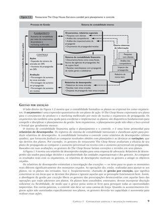 Figura 1.2                                     Restaurante The Chop House: Estrutura contábil para planejamento e controle.


                                           Processo de Gestão                                 Sistema de contabilidade interno


                                               PLANEJAMENTO                 Orçamentos, relatórios especiais
                                           Aumento de rentabilidade         • Pesquisas com clientes
                                           por meio do crescimento          • Análise dos competidores
                                           de produtos e                    • Análise dos impactos/custos de
                                                                            propaganda
  Correções e revisões de planos e ações




                                           marketing melhorado                                                                 Outros sistemas
                                                                            • Orçamentos de propagandas/receitas
                                                                                                                               de informação


                                                 CONTROLE                                                                                  Pesquisas
                                                                            Sistema de contabilidade financeira                           com clientes
                                           Ações
                                                                            • Documentos-fonte como notas fiscais,                     Análise dos
                                           • Expansão de número de
                                                                            faturas das agências de propagandas, fita                 competidores
                                           entradas em 20%
                                                                            de cupom fiscal
                                           • Aumento de propagandas                                                                 Impacto das
                                                                            • Receitas reais/despesas com propaganda
                                           em 50%                                                                                   propagandas
                                                                            de razões gerais e subdisiários
                                           Avaliação                                                                             Relatório de
                                           • Porcentagem de aumento                                                              novos itens
                                           de novas entradas
                                           • Porcentagem de aumento         Relatórios de desempenho
                                           em propagandas                   • Relatórios de novas entradas
                                           • Porcentagem de aumento         • Receitas reais versus orçadas
                                           em receitas                      • Despesas de propaganda reais versus orçadas




GESTÃO                                     POR EXCEÇÃO
    O lado direito da Figura 1.2 mostra que a contabilidade formaliza os planos ao expressá-los como orçamen-
tos. O orçamento é uma expressão quantitativa de um plano de ação. O The Chop House expressaria seu plano
para o crescimento do produto e o marketing melhorado por meio de receita e orçamentos de propaganda. Os
orçamentos são também uma ajuda para coordenar e implementar os planos; são dispositivos fundamentais para
compelir e disciplinar o planejamento da gestão. Sem orçamentos, o planejamento pode não obter o foco central
e frontal que geralmente merece.
    O sistema de contabilidade financeira apóia o planejamento e o controle, e é uma fonte primordial para
relatórios de desempenho. Os registros do sistema de contabilidade mensuram e classificam ações para pro-
duzir relatórios de desempenho. A contabilidade formaliza o controle como relatórios de desempenho (último
quadro), que fornecem feedback ao comparar resultados obtidos com planejados e ao destacar as variações, que
são desvios dos planos. Por exemplo, os gestores do restaurante The Chop House avaliariam a eficácia de seu
plano de propaganda ao comparar o aumento percentual na receita com o aumento percentual em propaganda.
Baseados em suas avaliações, os gestores do The Chop House fariam correções e revisões em seus planos.
    A Figura 1.3 mostra um relatório de desempenho simples para uma empresa de advocacia. Relatórios de desem-
penho são usados para julgar decisões e a produtividade das unidades organizacionais e dos gestores. Ao comparar
os resultados reais com os orçamentos, os relatórios de desempenho motivam os gestores a atingir os objetivos
orçados.
    Os relatórios de desempenho estimulam a investigação das exceções — os itens para os quais os montantes
reais diferem significativamente dos montantes orçados. As operações são, então, realizadas para ajustar-se aos
planos, ou os planos são revisados. Isso é, freqüentemente, chamado de gestão por exceção, que significa
concentrar-se em áreas que se desviam dos planos e ignorar aquelas que se pressupõe funcionarem bem. Assim,
a abordagem da gestão por exceção libera os gestores das preocupações desnecessárias com aquelas fases das
operações que estão aderentes aos planos. Os planos bem concebidos, entretanto, devem incorporar discrição
suficiente ou flexibilidade, de modo que o gestor possa sentir-se livre para perseguir todas as oportunidades
imprevistas. Em outras palavras, o controle não deve ser uma camisa-de-força. Quando os acontecimentos exi-
girem ações não autorizadas especificamente nos planos, os gestores deverão ter capacidade e autonomia para
realizar essas ações.


                                                                                    CAPÍTULO 1 CONTABILIDADE        GERENCIAL E ORGANIZAÇÃO EMPRESARIAL   9
 