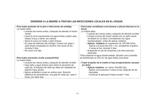 - 97 -
ENSEÑAR A LA MADRE A TRATAR LAS INFECCIONES LOCALES EN EL HOGAR
¾Para tratar pústulas de la piel o infecciones de ombligo
La madre debe:
• Lavarse las manos antes y después de atender al recién
nacido
• Lavar la zona suavemente con agua limpia y jabón para
limpiar el pus y retirar las costras
• Secar la zona con toalla o paño limpios
• En caso de infección del ombligo: Limpiar con gasa o
paño limpio empapado en alcohol, tres veces al día,
durante 5 días
• No cubrir con faja
¾Para tratar secreción ocular (conjuntivitis)
La madre debe:
• Lavarse las manos antes y después de atender al bebé
• Usar paño y agua limpios para retirar la secreción de
cada ojo, la limpieza de cada ojo debe ser realizada de
adentro hacia afuera
• Aplicar antibiótico ocular en ambos ojos: Solución
oftálmica de cloranfenicol, una gota en cada ojo, cada 4
horas, por siete días
¾Para tratar candidiasis oral (úlceras o placas blancas en la
boca)
La madre debe:
• Lavarse las manos antes y después de atender al bebé
• Limpiar la boca del recién nacido con un paño suave
enrollado en un dedo y humedecido con agua
bicarbonatada*, antes de aplicar nistatina
• Aplicar nistatina en suspensión de 100,000 UI/mL
- Aplicar a la boca del niño 1 mL, empleando el gotero,
4 veces al día, durante 5 días
• Suspender el uso de chupones y de otros artículos
parecidos
*Para preparar el agua bicarbonatada, disuelva una cucharilla
de bicarbonato en 200 mL de agua limpia (una taza)
¾ Tratar el pezón de la madre si hay enrojecimiento, escozor
y/o dolor
• Aplicar nistatina en crema 100,000 UI/g
- Aplicar a los pezones 4 veces al día, después de las
mamadas
- Continuar la aplicación hasta cumplir 7 días
 
