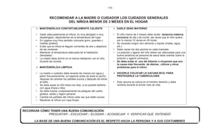 - 106 -
RECOMENDAR A LA MADRE O CUIDADOR LOS CUIDADOS GENERALES
DEL NIÑO/A MENOR DE 2 MESES EN EL HOGAR
¾ MANTENERLO/A CONFORTABLEMENTE CALIENTE
• Vestir adecuadamente al niño/a, no muy abrigado o muy
desabrigado, dependiendo de la temperatura del lugar
• En lugares muy fríos también colocarle gorro, guantes y
medias (polkos)
• Evitar que al niño/a le lleguen corrientes de aire y alejarlo/a
de las ventanas
• Mantener la temperatura adecuada de la habitación
(templada)
• La madre debe dormir en la misma habitación con el niño,
durante las noches
¾ MANTENERLO/A LIMPIO/A
• La madre o cuidador debe lavarse las manos con agua y
jabón frecuentemente, en especial antes de darle el pecho,
después de cambiar los pañales sucios y después de entrar
al baño
• Se debe asear al niño todos los días, si es posible bañarlo,
con agua limpia y tibia
• Se debe limpiar cuidadosamente los pliegues del cuello,
glúteos, axilas y región perianal
• Cambie los pañales del niño/a cada vez que estén sucios
• Mantener al niño/a con ropa limpia
¾ DARLE SENO MATERNO
• El niño menor de 2 meses debe recibir lactancia materna
exclusiva de día y de noche, las veces que el niño quiera,
por lo menos 10 veces en 24 horas
• No necesita ningún otro alimento o líquido (mates, agua,
etc.)
• Debe vaciar los dos pechos en cada mamada.
• La posición y agarre del niño deben ser adecuadas para una
buena lactancia (el personal de salud debe orientar sobre la
posición y agarre correctos)
• Se debe evitar el uso del biberón o chupones que son
la causa más frecuente de diarrea , cólicos y otros
problemas para el niño/a
¾ HACERLE COLOCAR LA VACUNA BCG, PARA
PROTEGERLE LA TUBERCULOSIS
• Esta vacuna se coloca en el hombro derecho y debe
recibirla durante el primer mes de vida
RECORDAR CÓMO TENER UNA BUENA COMUNICACIÓN:
PREGUNTAR – ESCUCHAR – ELOGIAR – ACONSEJAR Y VERIFICAR QUE ENTENDIÓ
LA BASE DE UNA BUENA COMUNICACIÓN ES EL RESPETO HACIA LA PERSONA Y A SUS COSTUMBRES
 