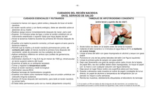 - 86 -
CUIDADOS DEL RECIÉN NACIDO/A
EN EL SERVICIO DE SALUD
CUIDADOS ESENCIALES Y RUTINARIOS
¾Lavarse la manos con agua y jabón antes y después de tocar al recién
nacido/a
¾El recién nacido activo y con llanto enérgico, debe ser atendido sobre el
abdomen de su madre
¾Realizar apego precoz inmediatamente después de nacer, piel a piel
¾Esperar, 3-4 minutos antes de ligar y cortar el cordón umbilical con un
instrumento esterilizado o esperar hasta que haya dejado de latir
¾Iniciar la lactancia materna durante los primeros 60 minutos después de
nacer
¾Enseñar a la madre la posición correcta y el buen agarre al seno para la
lactancia materna
¾Permitir que la madre y el recién nacido/a permanezcan juntos, en
contacto piel a piel, al menos durante la primera hora después del
nacimiento antes de proceder con los cuidados de rutina;
¾Aplicar antibiótico oftálmico en ambos ojos (sulfato de gentamicina,
ungüento al 0.3%)
¾Administrar vitamina K 1 mg (0,5 mg en menor de 1500 g), intramuscular
en tercio superior externo del muslo
¾Examinar al bebé en un ambiente templado
¾Tomar y registrar la temperatura axilar
¾Pesar al recién nacido/a y medir la longitud
¾Administrar vacuna BCG
¾Realizar tamizaje de hipotiroidismo congénito
¾Enseñar a la madre como mantener limpio y seco el cordón umbilical, sin
colocarle ninguna sustancia
¾Esperar 24 horas después del nacimiento, para darle al recién nacido/a
su primer baño
¾El bebé debe permanecer junto con su mamá (alojamiento conjunto)
TAMIZAJE DE HIPOTIROIDISMO CONGÉNITO
(entre tercer y quinto día de vida*)
1. Anote todos los datos en la tarjeta antes de tomar la muestra
2. Caliente el talón durante 2 o 3 minutos en agua tibia a 41°C o mediante
un suave masaje
3. Limpie el área del talón con gasa impregnada en alcohol y seque con gasa
estéril
4. Puncione en una de las partes laterales del talón (ver figura izquierda)
5. Limpie la primera gota de sangre con gasa estéril
6. Deje caer libremente una gota de sangre sobre cada círculo de la tarjeta,
de papel filtro, las dos carillas deben estar impregnadas, no toque el papel
con la mano o con cualquier solución (ver figura derecha)
7. Deje secar en lugar fresco sobre una superficie plana por tres horas
8. Guarde y almacene cada muestra en sobre de papel y protegida de la luz
directa, en papel de aluminio a temperatura de refrigeración por un
periodo no mayor a ocho semanas
9. Remita las muestras, debidamente etiquetadas al laboratorio de tamizaje
(*) Si la madre y el RN son dados de alta al segundo día del nacimiento y se considera muy
timprobable que acudan a control durante los siguientes 3 días, tomar la muestra el día del alta.
 