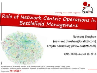 crafting innovation together




                                                                                            Navneet Bhushan
                                                                            (navneet.bhushan@crafitti.com)
crafting innovation together




                                                                       Crafitti Consulting (www.crafitti.com)

                                                                                                CAIR, DRDO, August 10, 2010



   A visualization of the network structure of the Internet at the level of “autonomous systems”—local groups
   of computers each representing hundreds or thousands of machines. Picture by Hal Burch and Bill Cheswick, courtesy of Lumeta
       Confidential
   Corporation.                INTERNET
 