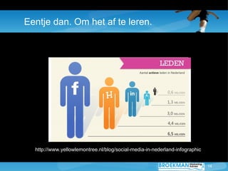 Eentje dan. Om het af te leren.




  http://www.yellowlemontree.nl/blog/social-media-in-nederland-infographic


                                                                             14
 