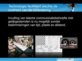 Technologie faciliteert slechts de
snelheid van de verandering

Invulling van latente communicatiebehoefte met
gelijkgestemden is nu mogelijk zonder
belemmeringen van tijd, plaats en afstand.




                                                 6
 