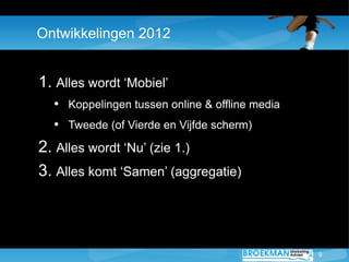 Ontwikkelingen 2012


1. Alles wordt ‘Mobiel’
  • Koppelingen tussen online & offline media
  • Tweede (of Vierde en Vijfde scherm)
2. Alles wordt ‘Nu’ (zie 1.)
3. Alles komt ‘Samen’ (aggregatie)



                                                9
 
