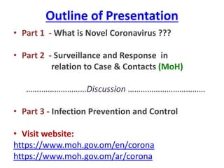 Outline of Presentation
• Part 1 - What is Novel Coronavirus ???
• Part 2 - Surveillance and Response in
relation to Case & Contacts (MoH)
…….…………………Discussion ………………………………
• Part 3 - Infection Prevention and Control
• Visit website:
https://www.moh.gov.om/en/corona
https://www.moh.gov.om/ar/corona
 