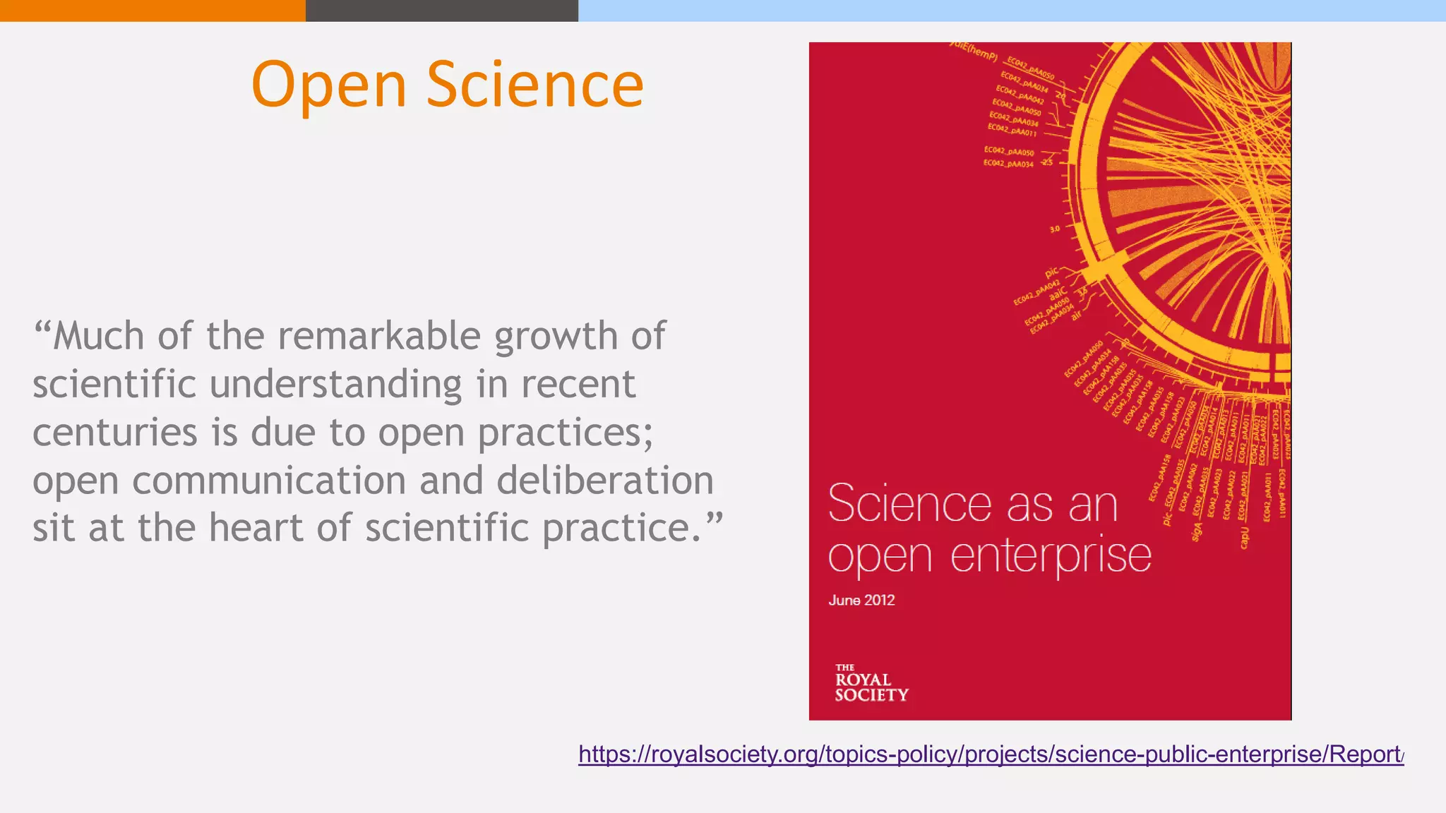 “Much of the remarkable growth of
scientific understanding in recent
centuries is due to open practices;
open communication and deliberation
sit at the heart of scientific practice.”
Open Science
https://royalsociety.org/topics-policy/projects/science-public-enterprise/Report/
 