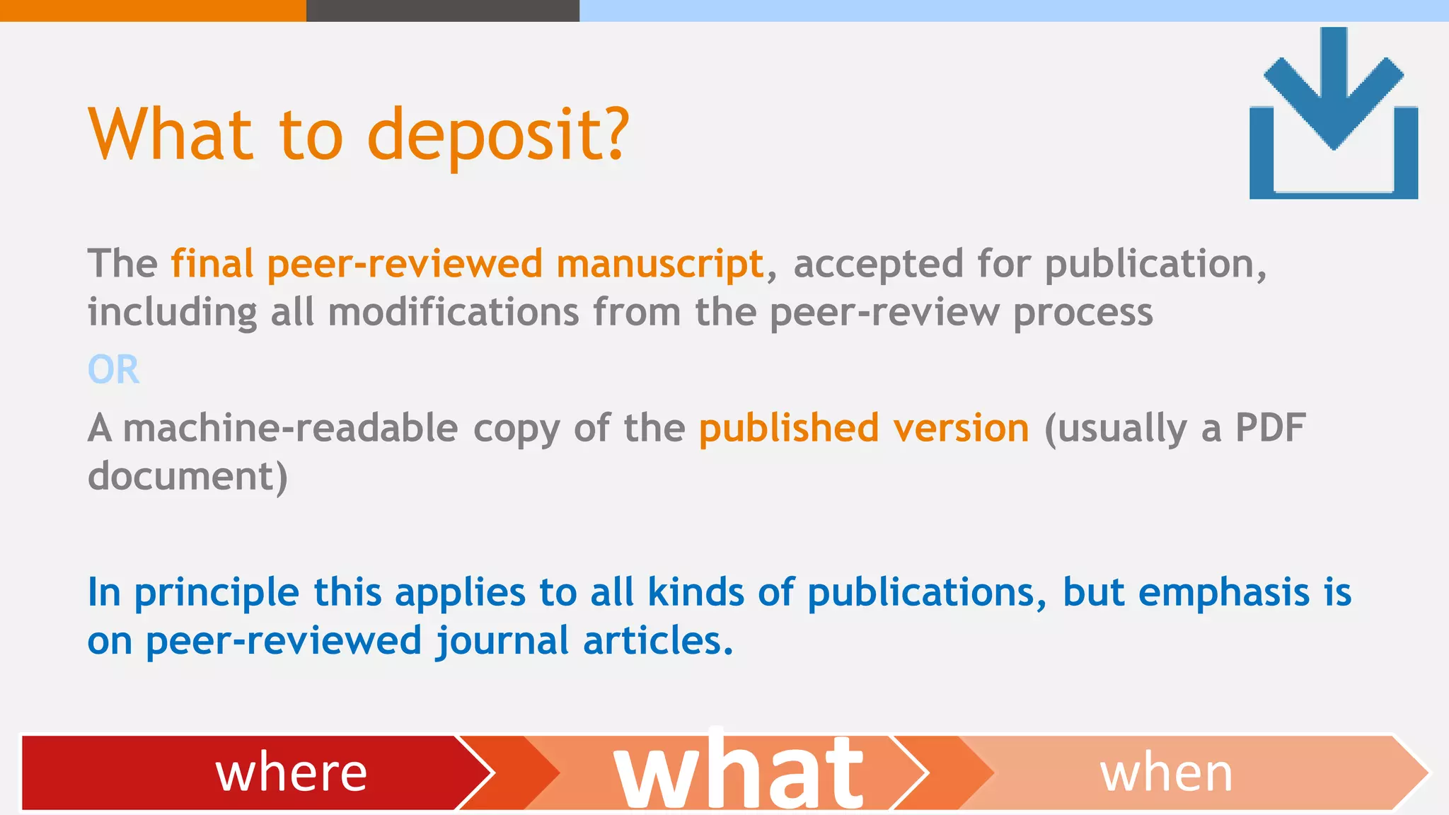 What to deposit?
The final peer-reviewed manuscript, accepted for publication,
including all modifications from the peer-review process
OR
A machine-readable copy of the published version (usually a PDF
document)
In principle this applies to all kinds of publications, but emphasis is
on peer-reviewed journal articles.
where what when
 
