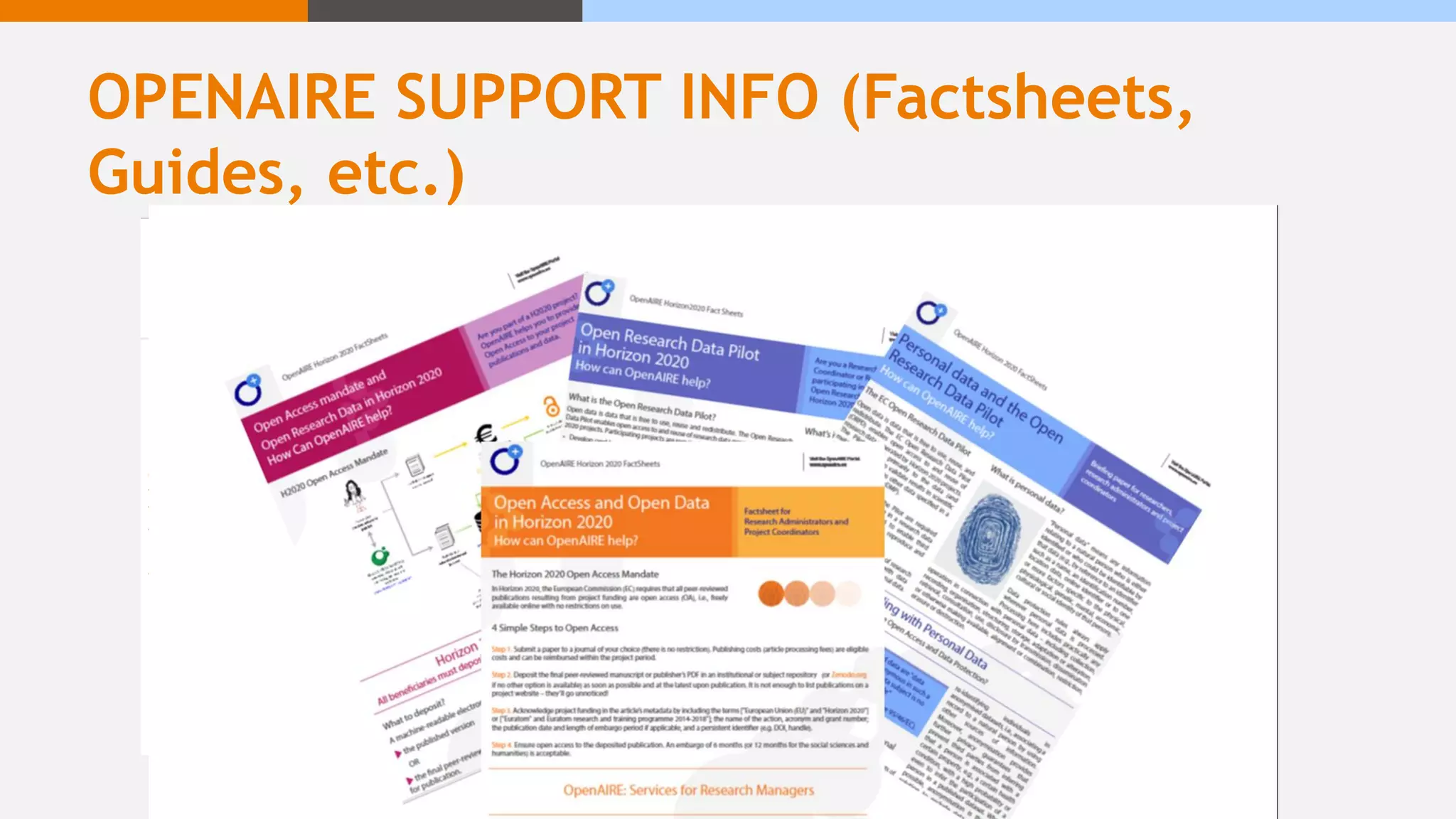 OPENAIRE SUPPORT INFO (Factsheets,
Guides, etc.)
https://www.openaire.eu/h2020openaccess/#
 
