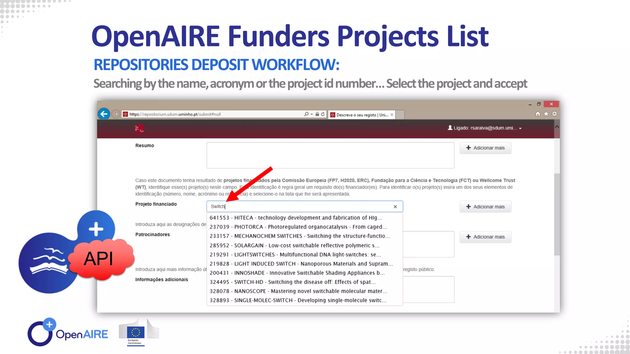 REPOSITORIESDEPOSITWORKFLOW:
Searchingbythename,acronymortheprojectidnumber…Selecttheprojectandaccept
OpenAIRE Funders Projects List
API
 
