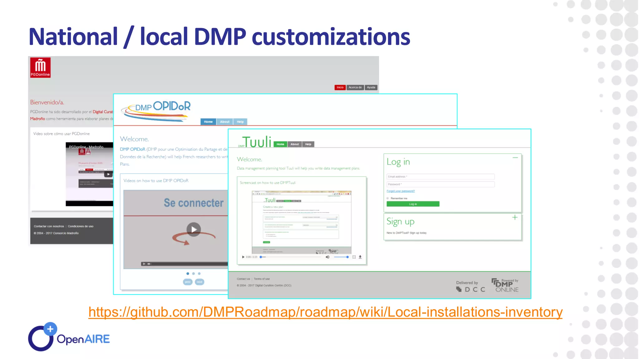 National / local DMP customizations
https://github.com/DMPRoadmap/roadmap/wiki/Local-installations-inventory
 