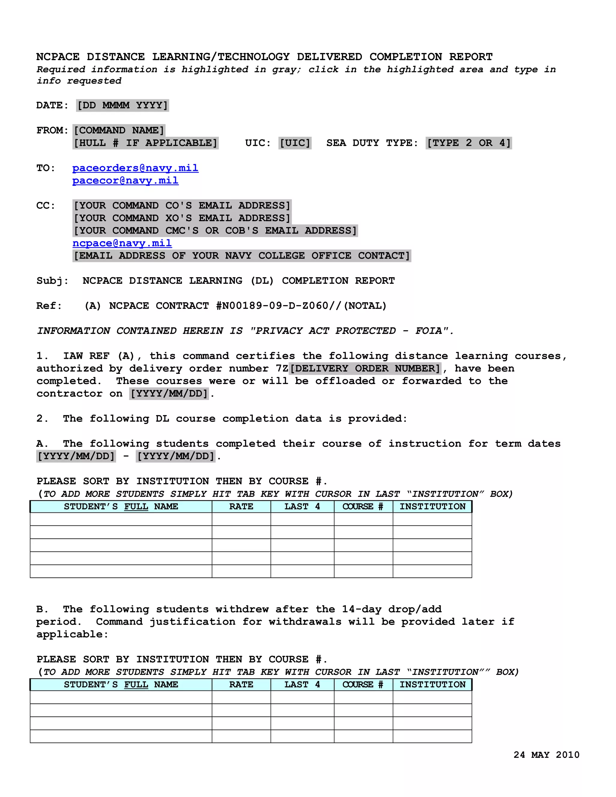 Ncpace dl completion report template PDF