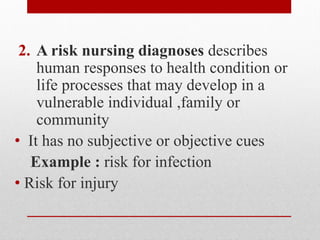 2. A risk nursing diagnoses describes
human responses to health condition or
life processes that may develop in a
vulnerable individual ,family or
community
• It has no subjective or objective cues
Example : risk for infection
• Risk for injury
 
