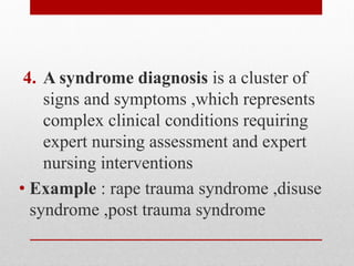 4. A syndrome diagnosis is a cluster of
signs and symptoms ,which represents
complex clinical conditions requiring
expert nursing assessment and expert
nursing interventions
• Example : rape trauma syndrome ,disuse
syndrome ,post trauma syndrome
 