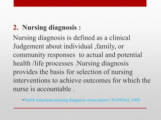 2. Nursing diagnosis :
Nursing diagnosis is defined as a clinical
Judgement about individual ,family, or
community responses to actual and potential
health /life processes .Nursing diagnosis
provides the basis for selection of nursing
interventions to achieve outcomes for which the
nurse is accountable .
-North American nursing diagnosis Association ( NANDA) ,1993
 