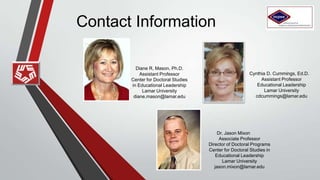 Contact Information
Diane R, Mason, Ph.D.
Assistant Professor
Center for Doctoral Studies
in Educational Leadership
Lamar University
diane.mason@lamar.edu
Cynthia D. Cummings, Ed.D.
Assistant Professor
Educational Leadership
Lamar University
cdcummings@lamar.edu
Jason R. Mixon, Ed.D.
Associate Professor
Director of Doctoral Programs
Center for Doctoral Studies in
Educational Leadership
Lamar University
jason.mixon@lamar.edu
 