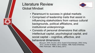 Literature Review
Global Mindset
• Paramount to success in global markets
• Comprised of leadership traits that assist in
influencing stakeholders from various cultural
backgrounds, political affiliations, and
institutional underpinnings
• Consists of personal dimensions that utilize
intellectual capital, psychological capital, and
social capital – cognitive, affective, and
behavioral dimensions
(Bouquet, 2005; Drucker, 2012; Gupta & Govindarajan, 2002; Irving,
2012; Javidan & Walker, 2012; Kefalas, 1998; Kedia & Mukherji,
1999; Perlmutter, 1969; & Story, 2011)
 