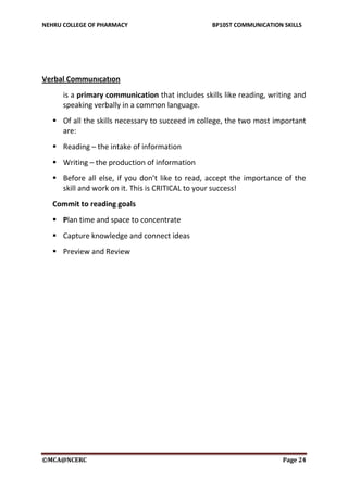 NEHRU COLLEGE OF PHARMACY BP105T COMMUNICATION SKILLS
©MCA@NCERC Page 24
Verbal Communıcatıon
is a primary communication that includes skills like reading, writing and
speaking verbally in a common language.
 Of all the skills necessary to succeed in college, the two most important
are:
 Reading – the intake of information
 Writing – the production of information
 Before all else, if you don’t like to read, accept the importance of the
skill and work on it. This is CRITICAL to your success!
Commit to reading goals
 Plan time and space to concentrate
 Capture knowledge and connect ideas
 Preview and Review
 