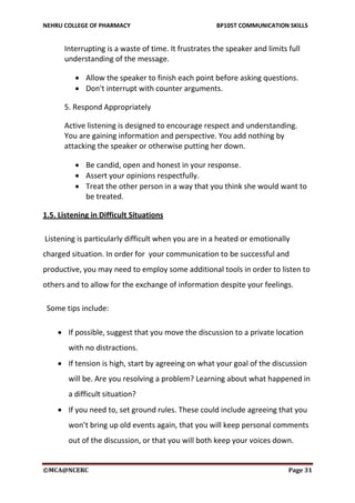 NEHRU COLLEGE OF PHARMACY BP105T COMMUNICATION SKILLS
©MCA@NCERC Page 31
Interrupting is a waste of time. It frustrates the speaker and limits full
understanding of the message.
 Allow the speaker to finish each point before asking questions.
 Don't interrupt with counter arguments.
5. Respond Appropriately
Active listening is designed to encourage respect and understanding.
You are gaining information and perspective. You add nothing by
attacking the speaker or otherwise putting her down.
 Be candid, open and honest in your response.
 Assert your opinions respectfully.
 Treat the other person in a way that you think she would want to
be treated.
1.5. Listening in Difficult Situations
Listening is particularly difficult when you are in a heated or emotionally
charged situation. In order for your communication to be successful and
productive, you may need to employ some additional tools in order to listen to
others and to allow for the exchange of information despite your feelings.
Some tips include:
 If possible, suggest that you move the discussion to a private location
with no distractions.
 If tension is high, start by agreeing on what your goal of the discussion
will be. Are you resolving a problem? Learning about what happened in
a difficult situation?
 If you need to, set ground rules. These could include agreeing that you
won’t bring up old events again, that you will keep personal comments
out of the discussion, or that you will both keep your voices down.
 