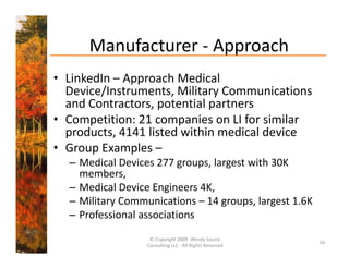 Manufacturer 
      Manufacturer ‐ Approach
• LinkedIn – Approach Medical 
              pp
  Device/Instruments, Military Communications 
  and Contractors, potential partners
• Competition 21 companies on LI for similar
  Competition: 21 companies on LI for similar 
  products, 4141 listed within medical device
• Group Examples –
  Group Examples 
  – Medical Devices 277 groups, largest with 30K 
    members, 
  – M di l D i E i
    Medical Device Engineers 4K,
                              4K
  – Military Communications – 14 groups, largest 1.6K
  – Professional associations
                   © Copyright 2009  Wendy Soucie 
                                                         10
                  Consulting LLC ‐ All Rights Reserved
 