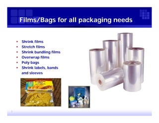 Films/Bags for all packaging needs


       Shrink films
       Stretch films
       Shrink bundling films
       Overwrap films
       Poly bags
       Shrink labels, bands
        and sleeves




3
 