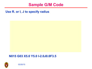 03/30/15
Sample G/M Code
Use R. or I, J to specify radius
N015 G03 X5.0 Y5.0 I-2.0J0.0F3.5
 