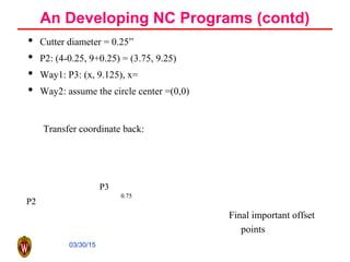 03/30/15
An Developing NC Programs (contd)
• Cutter diameter = 0.25”
• P2: (4-0.25, 9+0.25) = (3.75, 9.25)
• Way1: P3: (x, 9.125), x=
• Way2: assume the circle center =(0,0)
0.75
P3
P2
0.75
P3
P2
Transfer coordinate back:
Final important offset
points
 