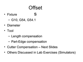 Offset
s• Fixture
– G10, G54, G54.1
• Diameter
• Tool
– Length compensation
– Part-Edge compensation
• Cutter Compensation – Next Slides
• Others Discussed in Lab Exercises (Simulators)
 