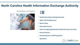 2
Health Information Exchange Overview
What is NC HealthConnex?
Work to Date
Connection Process
Value of Integrating Behavioral Health & Primary Care Data
Suite of Services
Connecting from an EHR Perspective
Questions?
North Carolina Health Information Exchange Authority
Overview of Topics
 