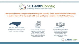 We connect health care providers to safely and securely share health information through
a trusted network to improve health care quality and outcomes for North Carolinians.
S T A T E D E S I G N A T E D
North Carolina’s state-designated
health information exchange
S E C U R E
Secure statewide network for
physicians and other health
care providers in North
Carolina to share important
patient health information to
improve patient care.
P A R T N E R S H I P
Housed within the Department
of Information Technology’s
Government Data Analytics
Center (GDAC). Our
technology partner is SAS
Institute.
 