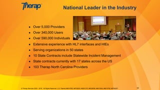 ● Over 5,000 Providers
● Over 340,000 Users
● Over 590,000 Individuals
● Extensive experience with HL7 interfaces and HIEs
● Serving organizations in 50 states
● 10 State Contracts include Statewide Incident Management
● State contracts currently with 17 states across the US
● 103 Therap North Carolina Providers
National Leader in the Industry
© Therap Services 2003 - 2018. All Rights Reserved. U.S. Patents #8819785, #8739253, #8281370, #8528056, #8613054, #8615790, #9794257. 33
 