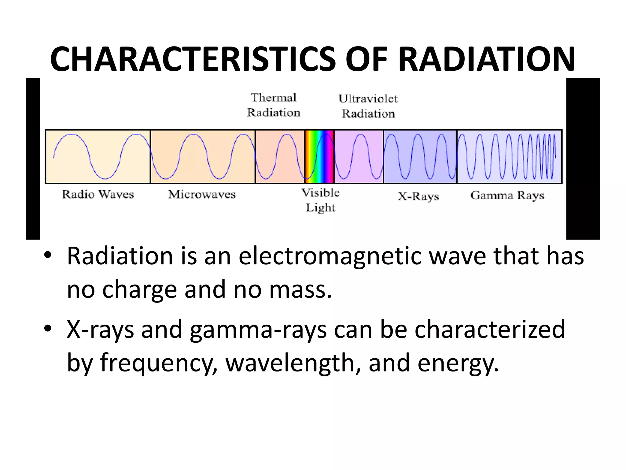 CHARACTERISTICS OF RADIATION
• Radiation is an electromagnetic wave that has
no charge and no mass.
• X-rays and gamma-rays can be characterized
by frequency, wavelength, and energy.
 