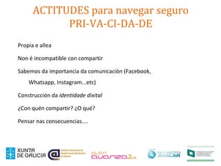 ACTITUDES para navegar seguro
PRI-VA-CI-DA-DE
Propia e allea
Non é incompatible con compartir
Sabemos da importancia da comunicación (Facebook,
Whatsapp, Instagram...etc)
Construcción da identidade dixital
¿Con quén compartir? ¿O qué?
Pensar nas consecuencias....
 